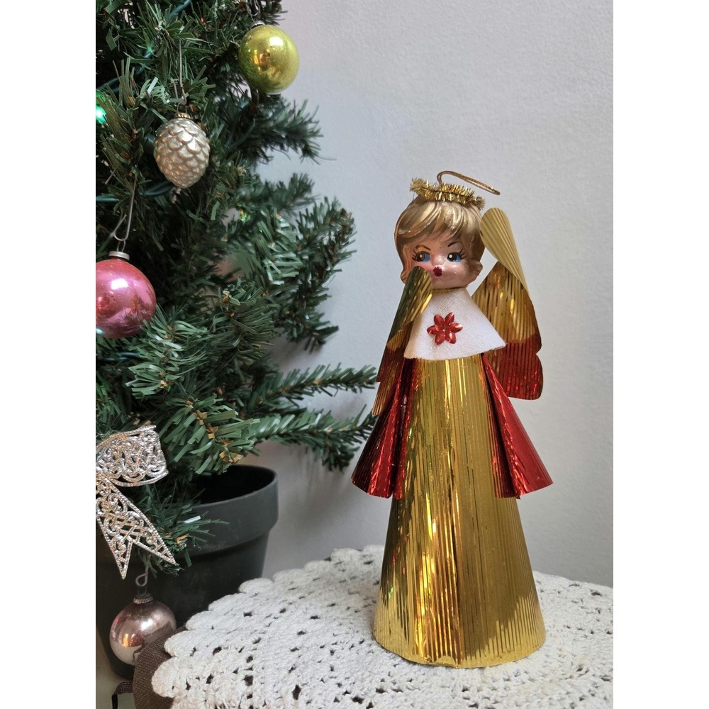 Vintage Christmas Angel Figurine Gold Red Foil Retro Holiday Decoration